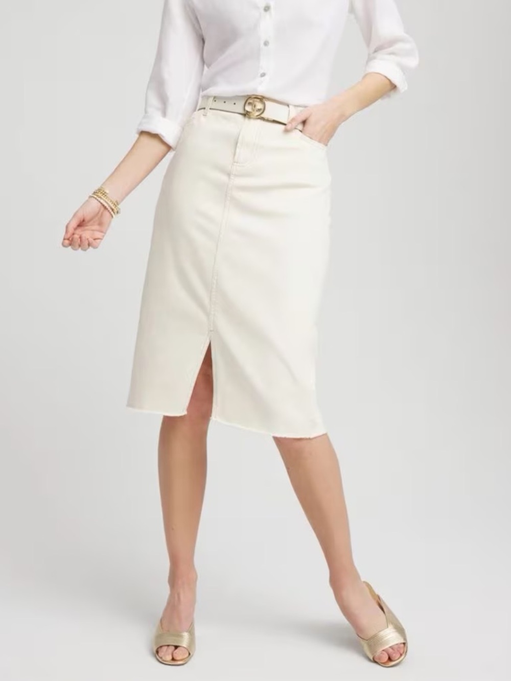 Chico’s Denim Midi Skirt Size 12 Ivory Frayed Hem High Rise Split Front Stretch